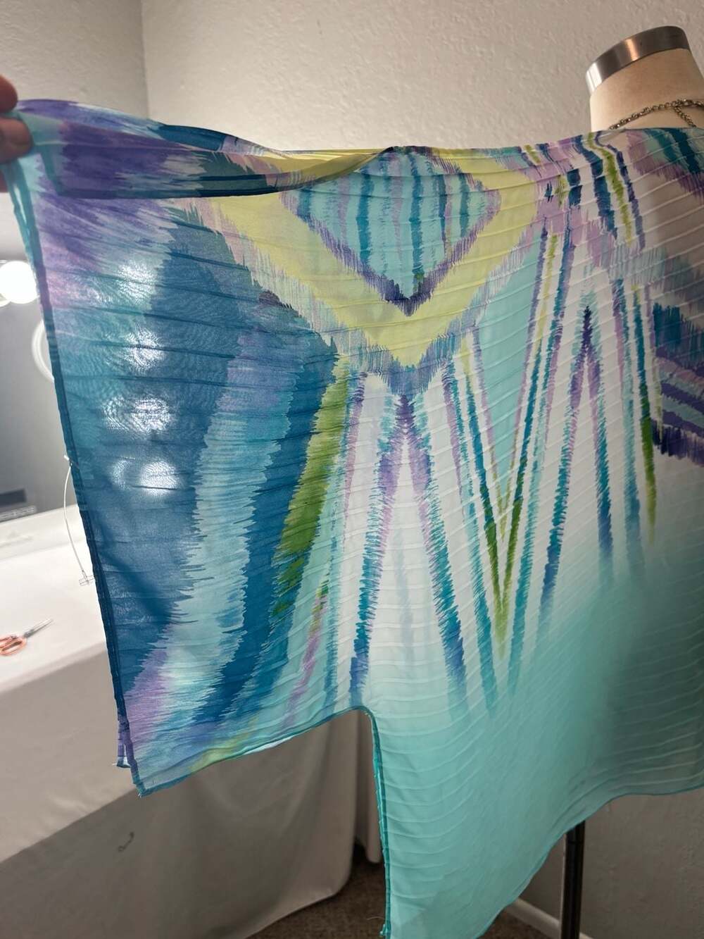 Chico's Abstract Ikat Print Pleated Chiffon Poncho Blouse - Picture 5 of 10